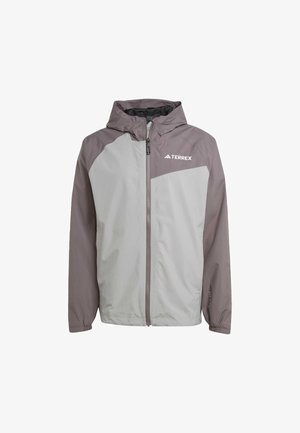 Lightweight hooded jacket in grey and dark grey, featuring a full zip front, elastic cuffs, and the "Terrex" logo on the chest.