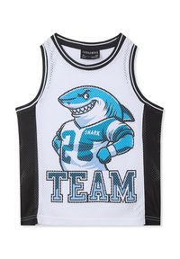 Canottiera bianca in rete con lati neri; presenta una grafica di un pesce cane cartoon blu e la scritta "TEAM" in lettere blu in grassetto, design sportivo.