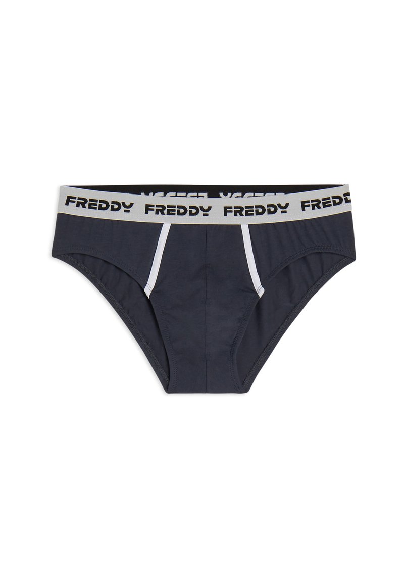 Slip in cotone blu navy con fascia elastica bianca e nera che riporta ripetutamente il nome del marchio "FREDDY". Tessuto liscio con cuciture a contrasto.