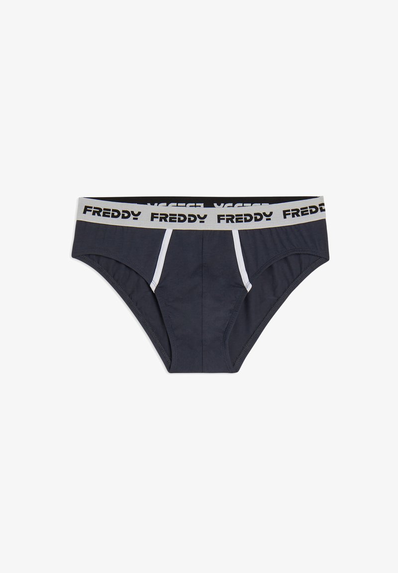 Slip in cotone blu navy con fascia elastica bianca e nera che riporta ripetutamente il nome del marchio "FREDDY". Tessuto liscio con cuciture a contrasto.