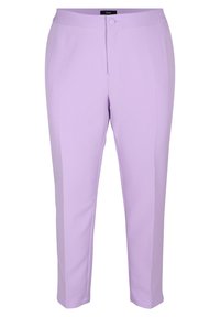 Lavendelfärgade skräddarsydda byxor med framknapp och blixtlås, slim fit och etikett i midjan.
