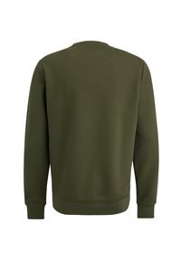 Sweatshirt vert texturé à manches longues, avec des poignets et un ourlet côtelés. Doté d'un col rond et d'une surface arrière lisse.