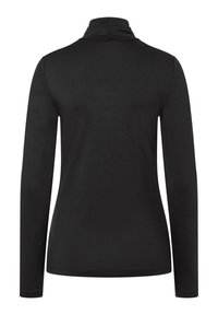Schwarzes Langarmoberteil mit hohem Kragen. Hergestellt aus weichem, elastischem Stoff. Schlichtes Design ohne Muster oder sichtbare Beschlagteile.