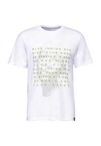 Bílý bavlněný tričko s výrazným zeleným a šedým textem s vzory, včetně frází a čísel. Krátké rukávy a kulatý výstřih.