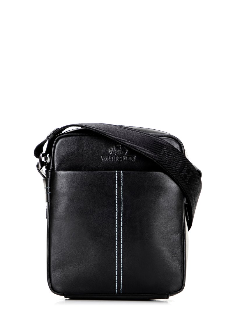 Borsa a tracolla in pelle nera con una texture liscia, caratterizzata da una singola striscia azzurro chiaro e una tracolla regolabile per un uso a bandoliera.