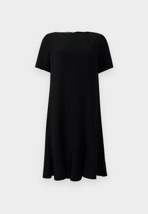 Black dress with short sleeves, a round neckline, and a straight silhouette. Features subtle vertical seams and a back zipper.