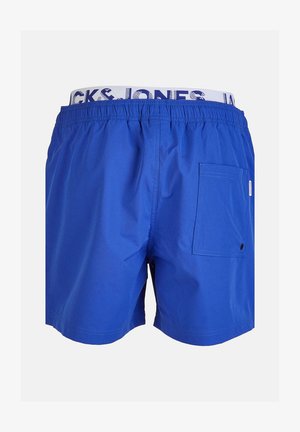 Niebieskie szorty kąpielowe z elastyczną talią, na której widnieje napis "JACK & JONES", tylną kieszenią oraz gładkim, szybko schnącym materiałem.