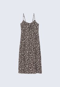 Robe midi marron sans manches avec imprimé floral blanc et fines bretelles réglables, présentant un col froncé avec un petit détail noué.