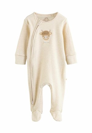 Baby romper met lange mouwen, crèmekleurige strepen, een ritssluiting aan de voorkant en een geborduurd koeiengezicht op de borst. Voorzien van voetjes en gemaakt van zachte stof.