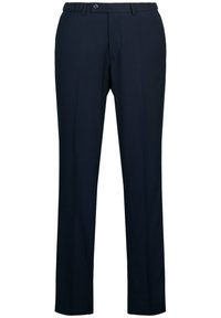 Pantaloni tailored blu navy realizzati in un tessuto liscio; presentano un taglio dritto, passanti per cintura e una chiusura con un solo bottone.