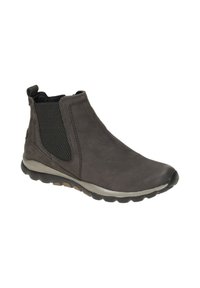 Zwarte leren enkelboot met elastische zijpanelen, ronde neus en een flexibele rubberen zool. Heeft een gladde textuur met gestikte accenten.