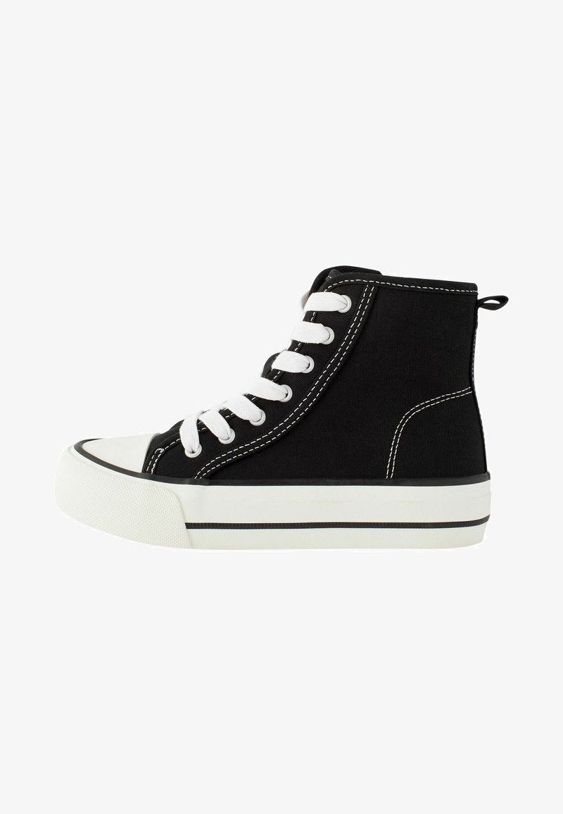 Black high-top canvas sneaker with white laces, white rubber sole, black stitching, and a loop at the back for easy wear.