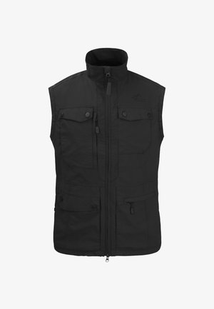 Black sleeveless vest made from durable fabric, featuring a high collar, multiple front pockets, and zippered central closure.