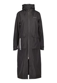 Svart vattentät regnjacka med huva, dragkedjestängning, sidofickor, justerbara dragsnören och reflexdetaljer på ärmarna.