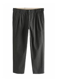 Tmavě šedé zúžené kalhoty s sklady, poutky na opasek, bočními kapsami a zapínáním na knoflík v pase.