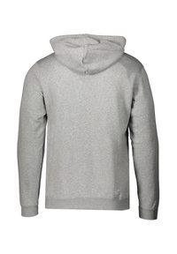 Grauer Hoodie mit Kordelzugkapuze, langen Ärmeln und gerippten Bündchen. Hergestellt aus einem weichen Baumwollmischgewebe mit glatter Textur.