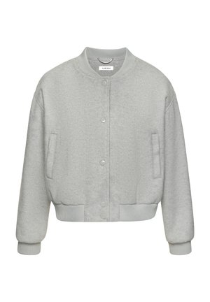 Gray bomber jacket made of textured fabric, featuring a rounded collar, snap-button closure, and ribbed cuffs and hem. Two side pockets.