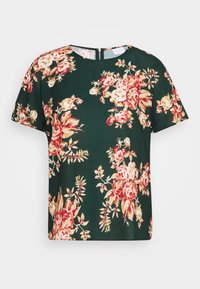Květinový top s krátkým rukávem v tmavě zelené barvě, s velkými vzory růží a listů v červené, růžové a krémové barvě, se zapínáním na zip na zadní straně.
