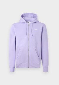 Zip-hoodie i ljus lavendel bomull med en känguruficka, vit Nike-logga på bröstet och ribbade muddar och fåll.