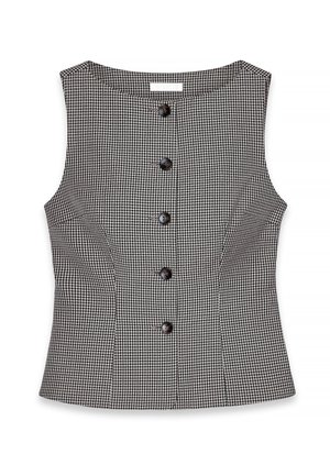 Top senza maniche in gingham bianco e nero con una forma aderente, caratterizzato da un colletto rotondo e sei bottoni neri sul davanti.