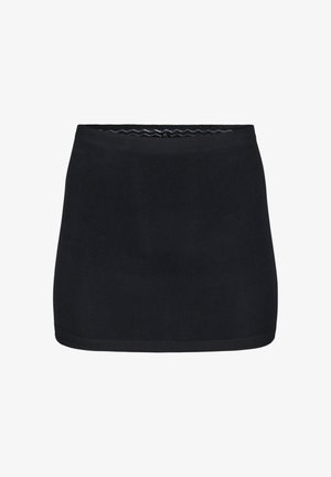 Gonna mini nera a coste con un design aderente. Presenta una cintura liscia e una texture morbida. Stile semplice e minimalista senza fantasie.