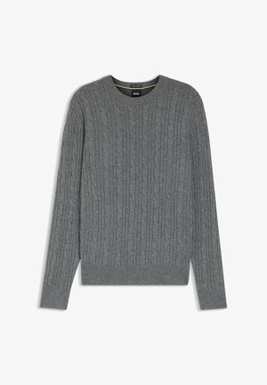 Grauer Strickpullover mit einem Zopfmuster, Rundhalsausschnitt und gerippten Bündchen sowie Saum. Hergestellt aus einem weichen, strukturierten Material.