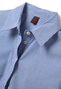 Camisa de botón pequeña a cuadros azules y blancos con cuello extendido y dos botones blancos visibles cerca del cuello.