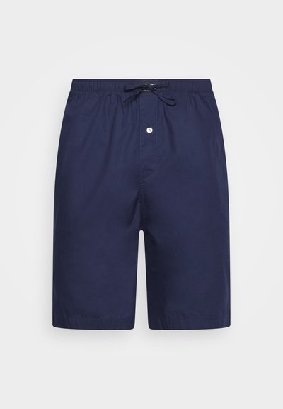 Navy blue swim shorts made of lightweight fabric, featuring an elastic waistband with a drawstring and a button fly.