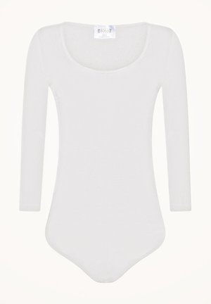 Witte longsleeve body met een ronde hals, gemaakt van een zachte, rekbare stof. Heeft een stringonderkant voor een naadloze pasvorm.