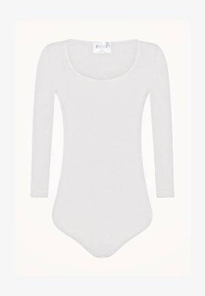 Body bianco a maniche lunghe con scollatura a forma di U, realizzato in un tessuto morbido e elasticizzato. Presenta un fondo a perizoma per una vestibilità senza cuciture.