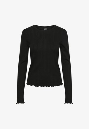 Černý pletený top s dlouhými rukávy, texturovaným vzorem, kulatým výstřihem a vlněným lemem. Materiál je měkký, přiléhavý, s žebrovaným detailem na rukávech.