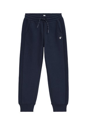 Pantalon de jogging bleu marine avec taille élastique, cordon de serrage, poches latérales, poignets côtelés et petit logo blanc en forme d'oiseau sur la cuisse gauche.