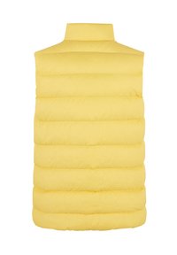 Gilet imbottito giallo con collo alto, design trapuntato e cuciture orizzontali, realizzato in materiale leggero e morbido.