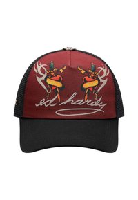 Gorra roja y negra con lados de malla, que presenta diseños impresos coloridos y el texto "ed hardy". Forma estructurada con visera curvada.