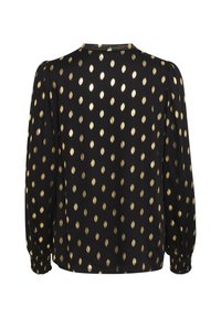 Blusa nera con pois a forma di foglia dorata, maniche lunghe a sbuffo, polsini elastici e scollo rotondo. Tessuto morbido.