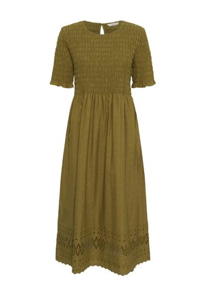 Oliën groene midi-jurk met korte, opgepofte mouwen en een geplooide romp. Heeft een keyhole-rug en een geborduurde zoom met oogjesdetail.