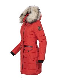 Red padded winter coat with a fur-lined hood, side pockets, ribbed cuffs, and a logo patch on the upper arm.