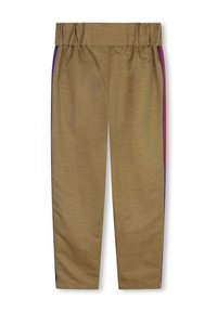 Khaki joggers met een elastische tailleband, met paarse en roze zijstrepen. Glad van textuur, taps toelopend ontwerp, enkel lengte.