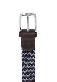 Woven belt w brązowych, niebieskich i beżowych włóknach; posiada srebrną metalową klamrę i brązowy skórzany akcent oznaczony "ROZMIAR 90".