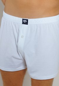 Witte katoenen boxershorts met een elastische tailleband, voorzien van een knoopsluiting aan de voorkant en een label met een ram logo. Soepele textuur.