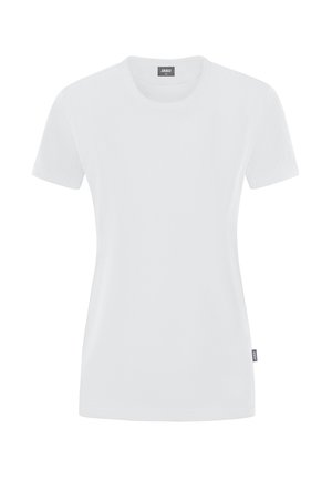 T-shirt blanc ajusté à manches courtes avec col rond et étiquette de la marque JAKO au col et sur la couture latérale.