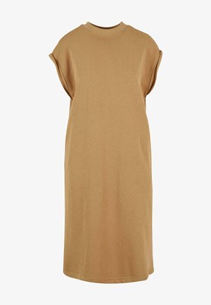 Hellbraunes Baumwollkleid in Übergröße mit Rundhalsausschnitt und kurzen, umgeschlagenen Ärmeln, das eine lockere, gerade Silhouette aufweist.