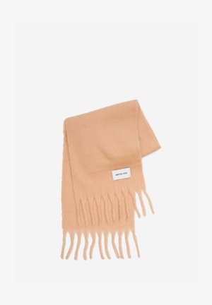 Peach-colored scarf made of soft fabric, featuring fringed edges and a white label with "ARCTIC FOX" branding.