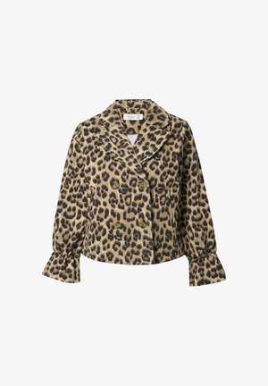 Veste à imprimé léopard en tissu texturé, dotée d'un design à double boutonnage, d'un col cranté et de manches ballon avec des poignets élastiques.