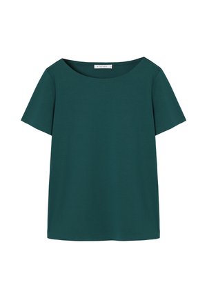 Majica kratkih rukava u tirkiznoj boji s okruglim izrezom i opuštenim krojem, izrađena od mekanog i laganog materijala. Bez vidljivih uzoraka ili naglasaka.