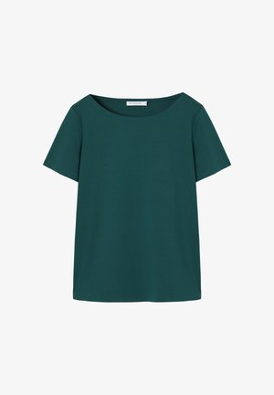 T-shirt à manches courtes couleur sarcelle avec un col arrondi et une coupe décontractée, fabriqué en tissu doux et léger. Pas de motifs ni d'accents visibles.