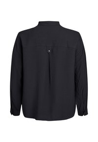Crna košulja dugih rukava s ovratnikom, s leđnim jastučićem, detaljem gumba i opuštenim krojem. Izrađena od glatkog materijala, minimalne teksture.