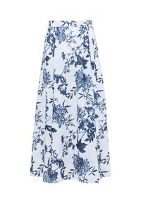 Weißer Blumenkleid mit blauen botanischen Mustern. Verfügt über ein plissiertes Design und einen elastischen Bund. Hergestellt aus leichtem Stoff.