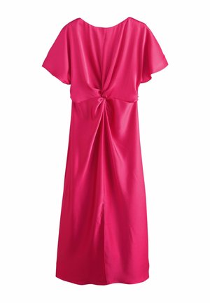 Helles pinkes Midikleid mit kurzen Ärmeln, gerafftem Knotendetail an der Taille und einem Frontschlitz aus glattem Stoff.