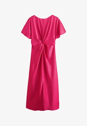 Helles pinkes Midikleid mit kurzen Ärmeln, gerafftem Knotendetail an der Taille und einem Frontschlitz aus glattem Stoff.